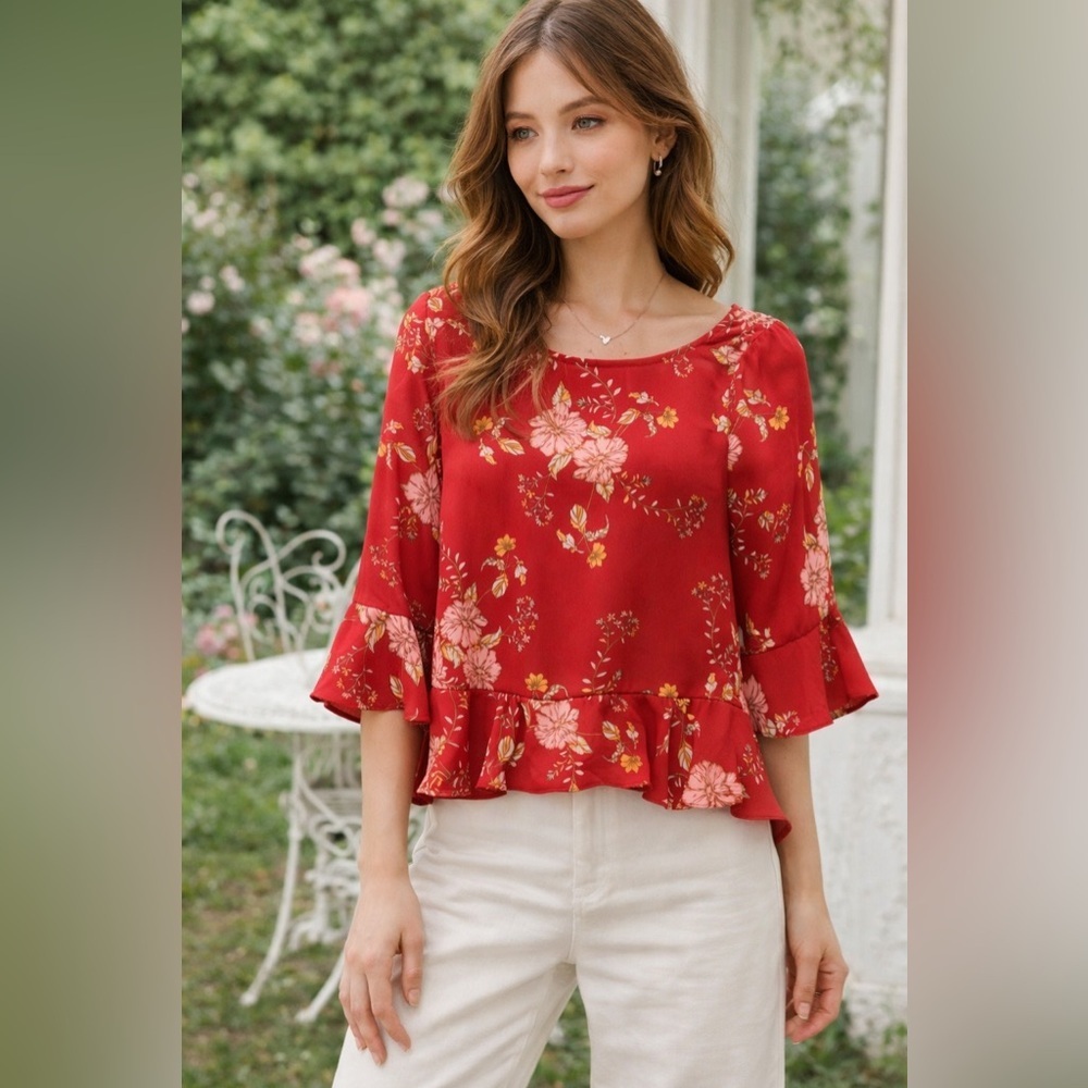 BB Dakota Red Floral Ruffle Blouse